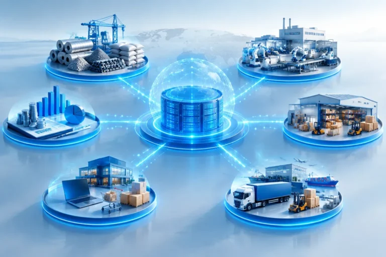 Minh họa khái niệm về kết nối quy trình ERP giữa sản xuất, kho, phân phối và tài chính